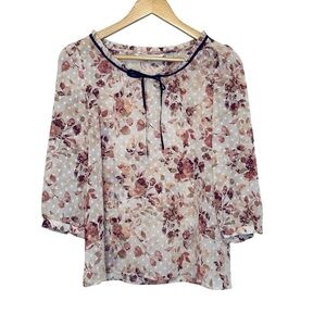 Women's Small Pink Ribbon Floral Peasant Fairy Cottagecore Chiffon Sheer Blouse